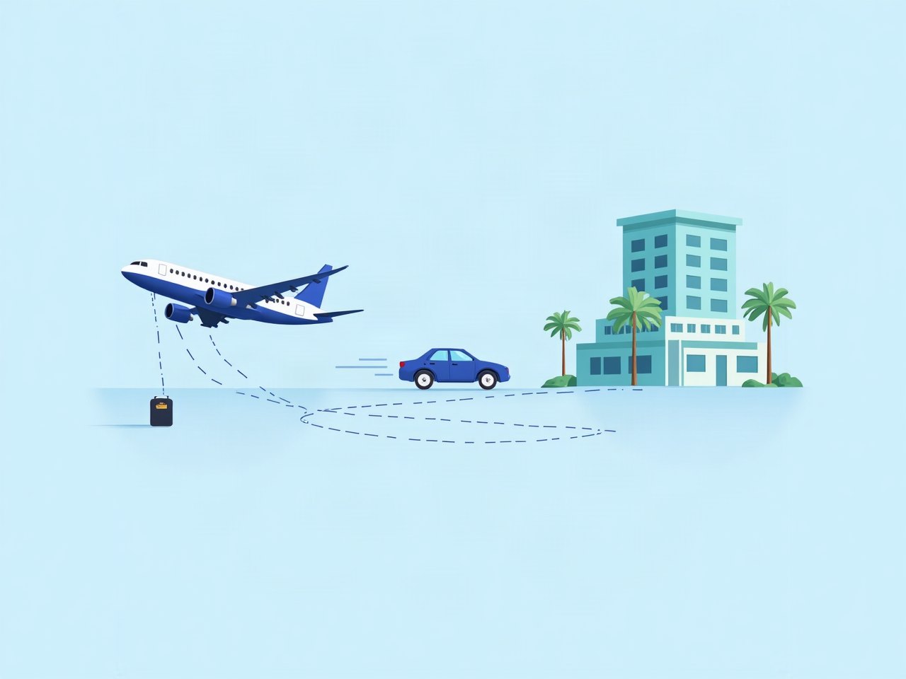 Plane, car and hotel linked by a dotted route