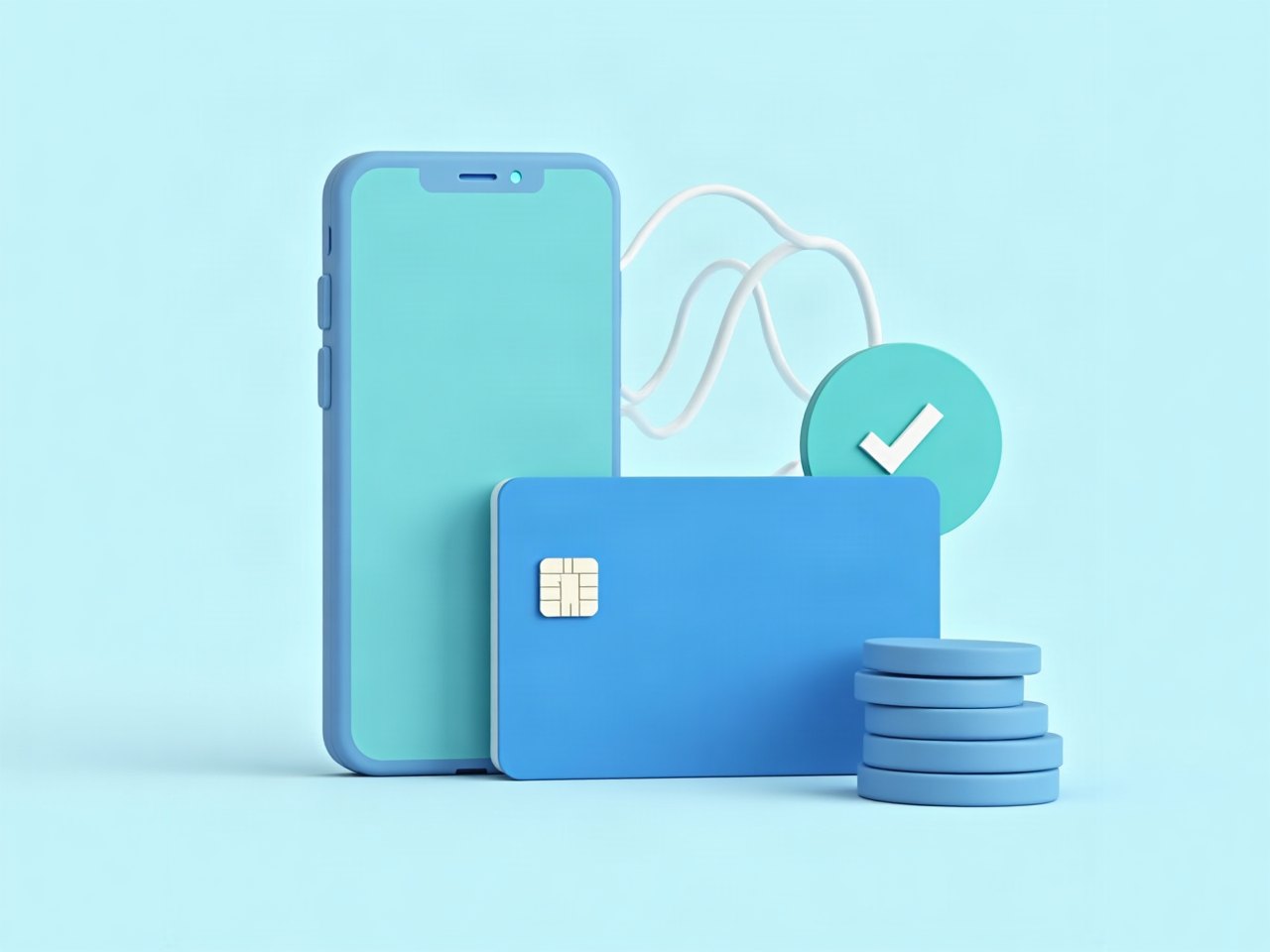 Bank card, phone, coins and a green tick showing a completed payment