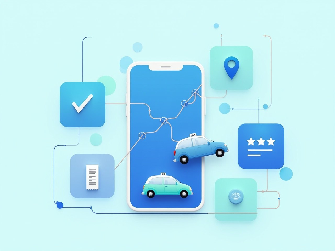Phone at the centre of linked tiles for location, car, receipt and rating