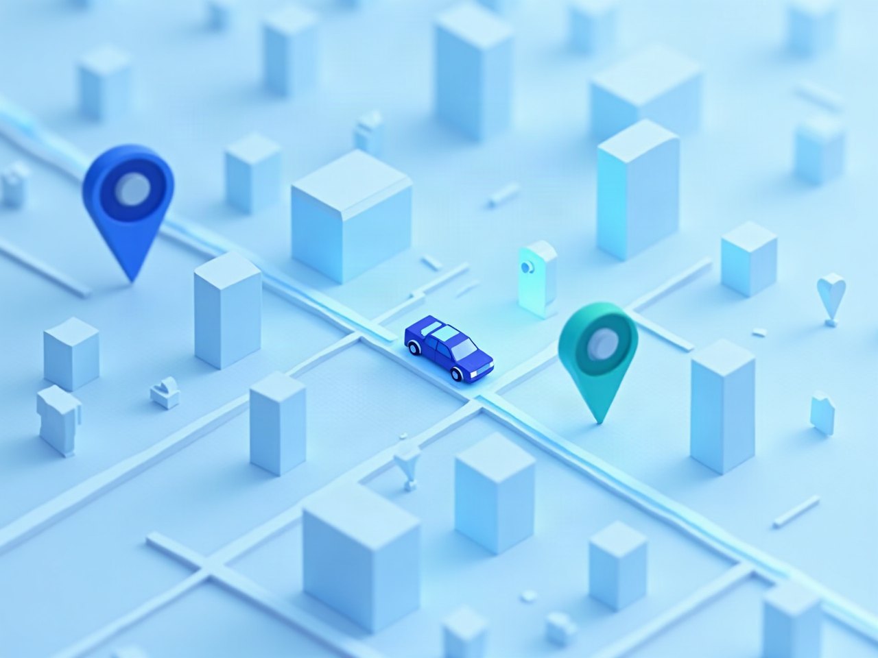 Car following a glowing route between map pins across a city
