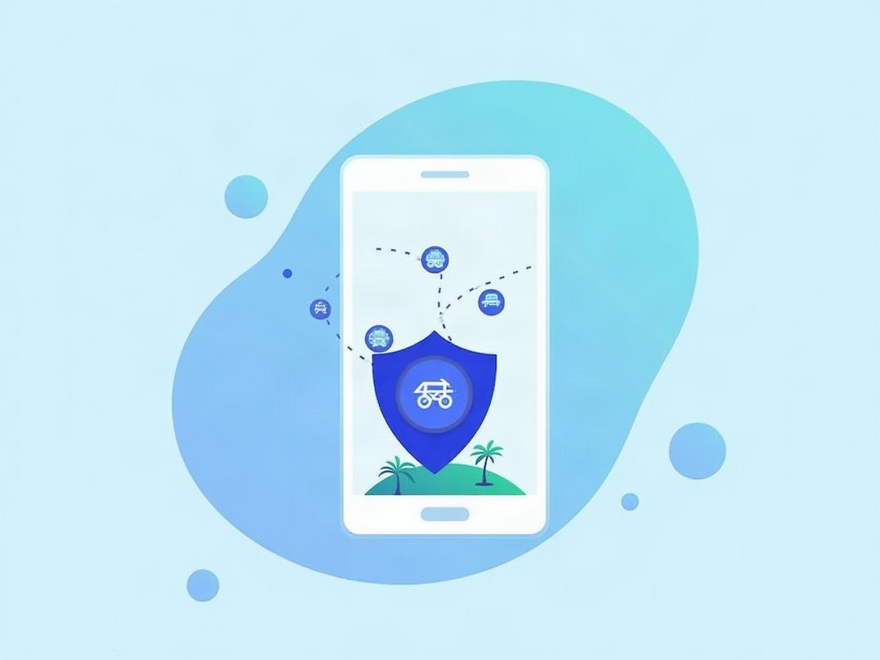 Phone with a shield protecting rider icons and a small island