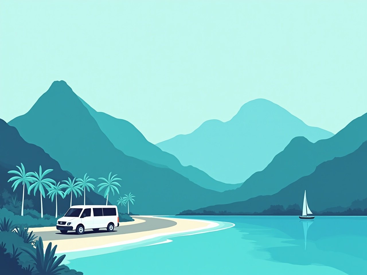 Minibus on a coastal road below green mountains and palm trees