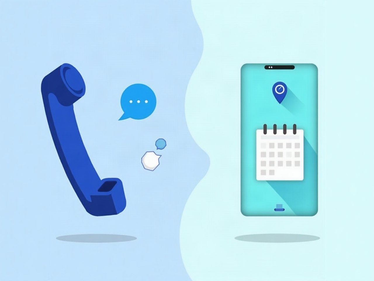 Telephone handset and chat bubble beside a phone showing a booking calendar
