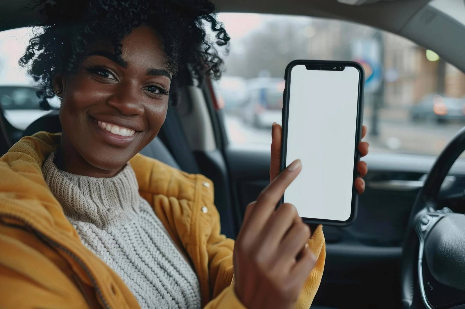 Rider holding up her phone inside a car