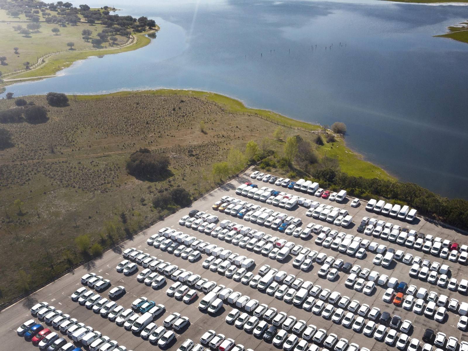 Rows of parked cars seen from above